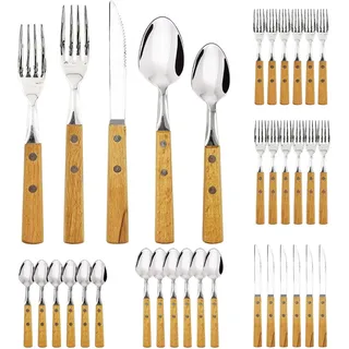 Daily Treasures Besteckset mit Holzgriffen, 30-teiliges Edelstahlbesteck für 6 Personen, Messer-Gabel-Löffel-Set mit Rosenholzgriffen, Spülmaschinenfest für Haushalt, Küche, Restaurant & Feiern