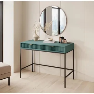 BETTSO - Nova T-104 - Konsolen - Schminktisch - Beistelltisch - Kommode - Deko Wohnzimmer - Wohnzimmertisch - mit 2 Schubladen - Geriffelt, Schmal - Glamour - Grün - mit goldenen Griffen