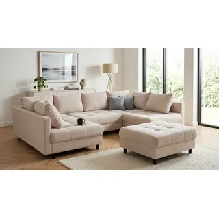 OTTO home Wohnlandschaft Antonia U-Form, B: 298 cm, inkl. Hocker, Federkernpolsterung, extra große Liegefläche, 282x178cm, inkl. 3 Zierkissen beige