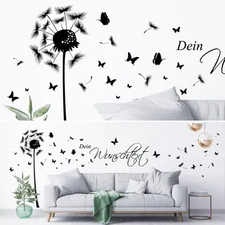 Wandtattoo Loft Pusteblume Wunschtext Löwenzahn Pollen Wohnzimmer Kinderzimmer Schmetterlinge in 30 Farben und 3 Größen