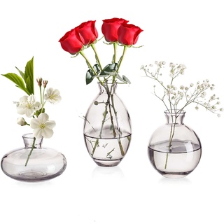 Vasen 3er-Set Kleine Blumenvasen Modern aus Kristall Grau, Mini-Vasen Glasfläschchen, Vase dekorative, Glasvase Deco für Tischmitte, bücher, Hochzeit, Taufe, Geburtstag, Geschenk zum Muttertag