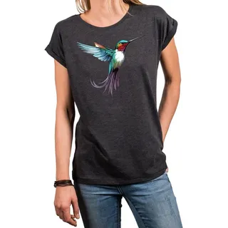 MAKAYA Print-Shirt Damen Kolibri Motiv Sommer Top Druck Vogel Kurzarmshirt Tunika Oversize grau XL