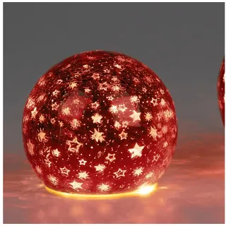 Formano LED Deko-Kugel 12 cm Sterne Rot Timer 6h/18h beleuchtete Deko Batteriebetrieben - glänzende Crackle-Optik - Herbst Winter Weihnachtsdeko für Tisch Regal Fensterbank