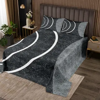 Loussiesd Geometrisch Tagesdecke 220x240cm Geometrie Steppdecke für Kinder Mädchen Jungs Streifenlinie Bettüberwurf Moderne Kunst Steppdecke Zimmer Dekor Grau Wohndecke