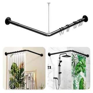 L-förmige Duschvorhangstange, 99 - 132 cm x 180 cm, verstellbar, schwarze Duschstange für Badezimmer und Badewanne mit 12 Ringen und Deckenstütze