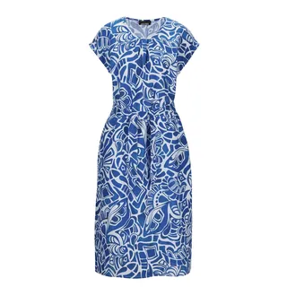 Sommerkleid GOLDNER "Kurzgröße Leinenkleid Ethno, Halbarm", Damen, Gr. 22, K-Gr, blau (royalblau, gemustert), Obermaterial: 100% Leinen LI., gerade, Sonstiges, Kleider Sommerkleid, Mit Bindegürtel und Taschen