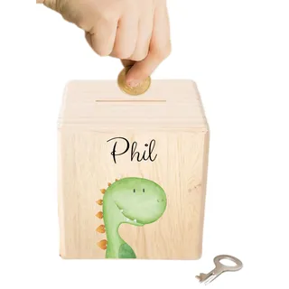 wunderwunsch Personalisierte Kinderspardose, Spardose, Dino | Holzspardose Kinder personalisiert, Taufgeschenke für Kind, Baby Geschenk Geburt, Holz Sparschwein