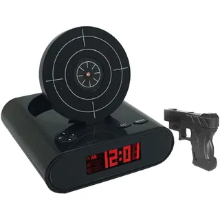 Gun and Target Wake Shot Alarm Clock, Digitaler Zielwecker mit Pistole, Schießspiel Uhren, kreativer LED-Anzeige-Waffenwecker mit 2 Interessanten Alarmmodi für Zuhause, Schlafzimmer, Büro (Schwarz)