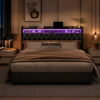 Polsterbett Doppelbett 180x200 cm, Hydraulisches Bett 180x200 mit Bettkasten und Lattenrost, Staufach-Kopfteil mit LED und USB Ladestation, Funktionsbett Rückenlehne Bett aus Massivholz und PU