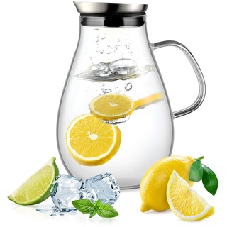 Ehugos Glaskaraffe Wasserkrug aus Borosilikatglas Wasserkaraffe mit Edelstahl Deckel Glaskrug (2L)