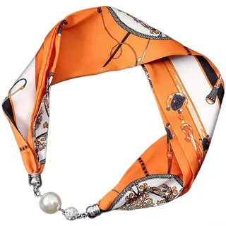 QuivyLivy Damen Schal Halskette mit Magnetperle Verschluss Retro Blumendruck Design Simulierter Seidenschal Einfach Schnappverschluss Tragen (AF)