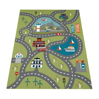 KADIMA DESIGN Kinderteppich waschmaschinenwaschbar Verkehrsinfrastruktur Kinderzimmer in Grün | Gr.: 100 x 200 cm