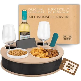 INEXTERIOR RundumBar CouchBar – Weinbar - handgefertigt in Deutschland - Zwei Snackschalen, Organizer und Flaschenhalter - Couchbutler couchorganizer Sofaablage Tablett (Schwarz)