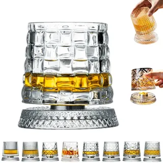 360 Grad Drehbares Wassergläser, Rotating Whiskey Glass, Spinning Whiskey Glasses with Sturdy Crystal Base, Stressabbau-Funktion, ein einzigartiges Whiskey-Geschenk für Ihren Ehemann oder Vater (D)