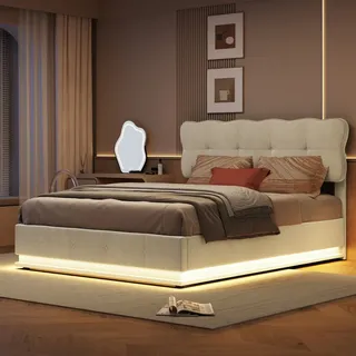 Fortuna Lai Polsterbett 140x200cm mit Bettkasten und LED-Beleuchtung, hydraulisches Boxspringbett mit höhenverstellbarem Kopfteil und Lattenrost, ... - Beige
