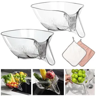 Votgutvo 2Pcs Multifunktionaler Abtropfkorb, Transparent Abtropfkorb-Trichter aus Kunststoff mit Sieb, Küche Gemüse Obst Abtropfkorb, mit Reinigungstuch, für Obst, GemüSe und Nudeln Abtropfen Lassen