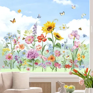 wondever Fenstersticker Blumen Frühling Fenster Aufkleber Garten Blumen Sommer Sonnenblume Iris Fensterbilder Fensteraufkleber Anti-Kollision Doppelseitig Glasaufkleber Glas Deko