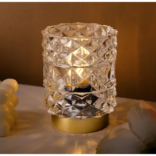 MJ PREMIER Tischlampe Kabellos Batteriebetriebene mit Timer Klar | Mini Glaslampe , Kleine Kristall-Leuchte für Schlafzimmer, Bad, Flur, Regal – Ohne Steckdose Nutzbar, für Dekoration