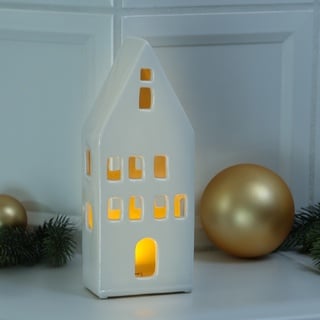 LED Haus - Porzellan Lichthaus - warmwei√üe LED - H: 24cm - inkl. Batterie - f√or Innen - wei√ü