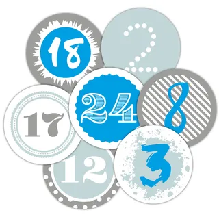 Frau WunderVoll 24 Adventskalenderzahlen Aufkleber, für 1 Kalender, blau, Durchmesser 4cm / Weihnachten, Papiertüten, Kinder, Zahlen, Geschenkbeutel, Aufkleber