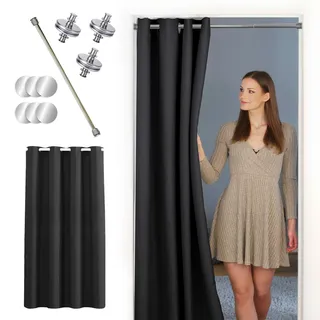 tinycurtains Türvorhang mit Teleskopstange, einfache Montage in nur 1 Minute ohne Bohren (Türvorhang schwarz + Klemmstange Silber - Vorhang 210 x 150 cm (HxB) + Stange 70-120 cm)