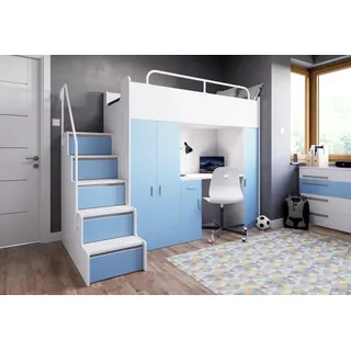 Marlux-Meble Hochbett Kinderbett JSM-5 80x190 mit Kleiderschrank Schreibtisch und Treppe Matt Etagenbett Stockbett Jugendhochbett (Hellblau)