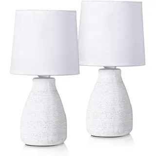 BRUBAKER 2er Set Tisch- oder Nachttischlampen - 28 cm - Weiß | Keramik Lampenfüße - Baumwoll Schirme - Landhaus Shabby Chic