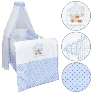 Baby-Delux Babybettwäsche Baby Bettwäsche Set 4-Tlg. Nestchen Chiffonhimmel, Baumwolle, 4 teilig, Bettset für Babybetten 140x70 & 120x60 verschiedene Designs blau|weiß