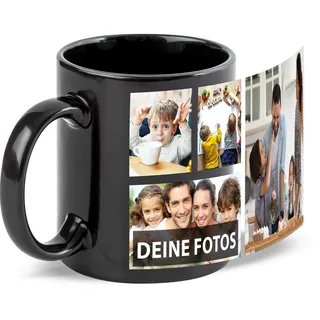 Schwarze Tasse zum selbst gestalten mit Foto-Collage für 4 Wunschfotos - Geschenk für Freunde zum Geburtstag, Weihnachten - Keramik, 300 ml | Personalisiertes Geschenk