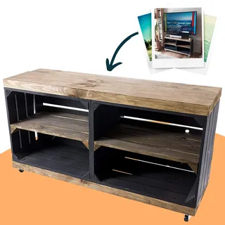 Obstkisten Online Sideboard aus Holz, braune Regalbretter, auf Rollen mit 4 Fächern - NEU - 100x30x50 cm - idealer TV Schrank/Bank (Black)