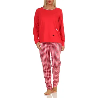 Damen Langarm Schlafanzug Pyjama mit süssen Katzen Motiv und Karierter Jersey Hose - 40-42