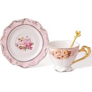 fanquare 200ml Keramik Tee Kaffee Tasse mit Untertasse, Blumen Kaffee Tasse und Untertasse mit Goldrand, Hellrosa Tee Tasse