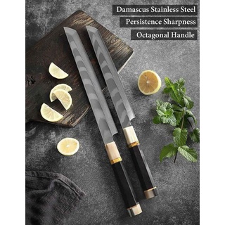 Muxel Damastmesser Sakimaru oder Yanagiba Messer SET Mit achteckigen Ebenholz- und Büffel, einseitig geschliffen silberfarben