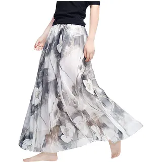 Camilife Damen-Strandrock aus Chiffon mit Blumenmuster, Maxirock, langer Rock, bedruckter Chiffonrock, weich, glatt, dünn, cool für den Sommer, Rocklänge 80 cm / 90 cm, mehrfarbig, groß - 34-40
