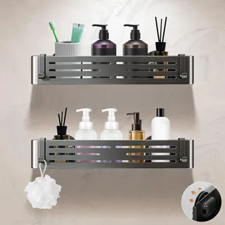 Lekesky Duschablage mit Saugnapf, Duschregal ohne Bohren, Aluminium, rostfrei, schwarz, Badezimmer-Zubehör, abnehmbar, wasserdicht, Badezimmer-Wandregal, Dusche mit 12 Haken