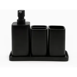 ZCCZ Badezimmer Set 4 Teile – Badezimmer Organizer mit Zahnbürstenhalter, Zahnputzbecher, Seifenspender, Seifenschale, für Kosmetik und Wattestäbchen – Edle Badezimmer Deko, schwarz Matte