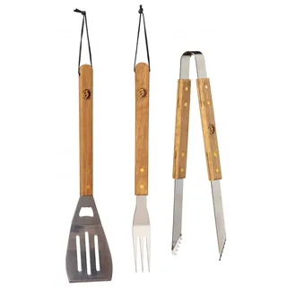 Best Sporting Grillbesteck Set 3-teilig Holzgriffe I Grillgabel, Grillwender, Grillzange EdelstahI