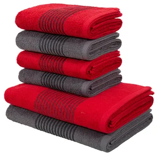Handtuch Set BRUNO BANANI "Jassen, Duschtücher, Handtücher" Handtücher (Packung) Gr. (6 St.), rot (rot, anthrazit) Handtuch-Sets mit gestreifter Bordüre, 6 teiliges Handtücher Set aus 100% Baumwolle