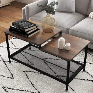 Garvee Vintage Couchtisch Rechteckig, Braun Wohnzimmertisch Mit Stauraum, Wohnzimmer möBel, Sofatisch Beistelltisch Holz Und Metall für Wohnzimmer, Retro MöBeldesign