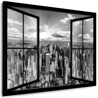 Julia-Art Leinwandbilder Skyline - New York Bilder - XXL Wandbild mit Keilrahmen - 120 mal 80 cm - Querformat 1 teilig Kunstdrucke Stadt NY City Statue, Brücke Fensterblick N-c-100-a-6