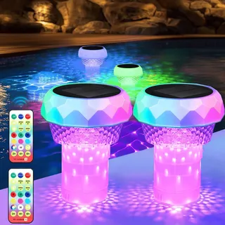 Gaethra 2 Stück Dosierschwimmer Pool mit LED Poolbeleuchtung Solar Schiffchen Schwimmender Chlorspender Fernbedienung Einstellbar Dosierschwimmer Pool Schwimmer für Chlortabletten Chlordosierer IP68