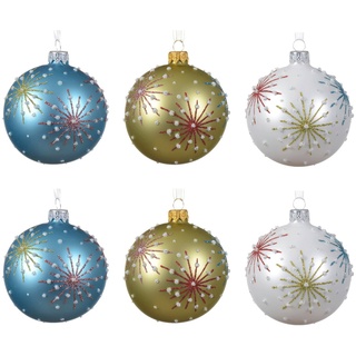 Decoris season decorations Weihnachtsbaumkugel, Weihnachtskugeln Glas 8cm mundgeblasen Motiv Schneeflocken 6er Set bunt