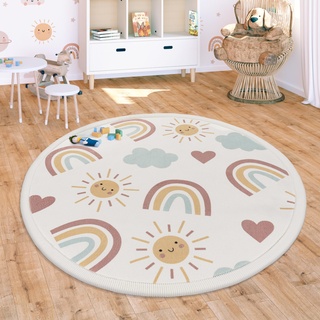 Paco Home Teppich Kinderzimmer Baby Krabbeldecke Krabbelmatte Spielmatte Waschbar rutschfest Regenbogen Planet Sonne Tiere Weich, Grösse:120 cm Rund, Farbe:Bunt 2