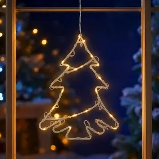 Spetebo Fensterbild Weihnachtsbaum 35 LED - Fensterdeko mit Dual Timer - Tanne Fenster Silhouette warm weiß beleuchtet Batterie betrieben