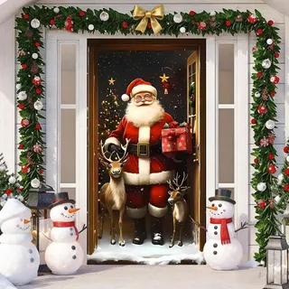 Weihnachten Tür Santa & Rentier Weihnachtsmann Hängen Banner Hintergrund Lebhafte und saisonale Foyer-Dekoration, Weihnachtsbanner für Haus Haustür Veranda Weihnachten Deko -35.4 x 70.8 in