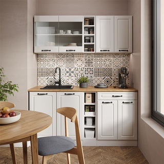 Livinity® Singleküche R-Line, 160 cm ohne Arbeitsplatte, Weiß Landhaus/Weiß