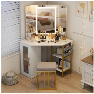COSTWAY Schminktisch (1-St), Eck-Frisiertisch Set, LED Kosmetiktisch mit Hocker weiß