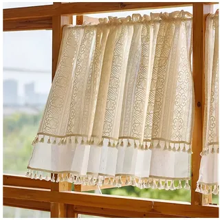 Sunicol Scheibengardine Vintage Quasten Boho gardinen kurz, Transparente Fenstervorhänge, (2 St), Voile Bistrogardine für Wohnzimmer Schlafzimmer Kinderzimmer 76 cm x 61 cm