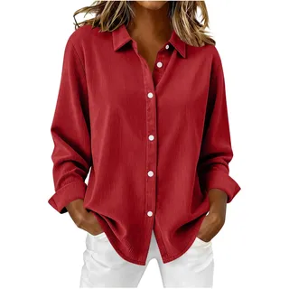 Lovraj Cordbluse Damen Baumwolle Hemdbluse Einfarbig Langarmshirt mit Knopfleiste Herbst Winter Lässiges Revers Cordjacke mit Taschen - XXL