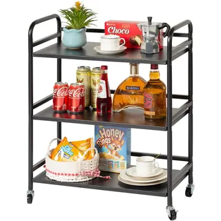 HDANI Servierwagen,3 Ebenen Servicefahrzeug aus Metall mit Rollen, für kleine Räume, Küche, Esszimmer, Bar, Bäder, rollwagen Schwarz,60×30×75cm